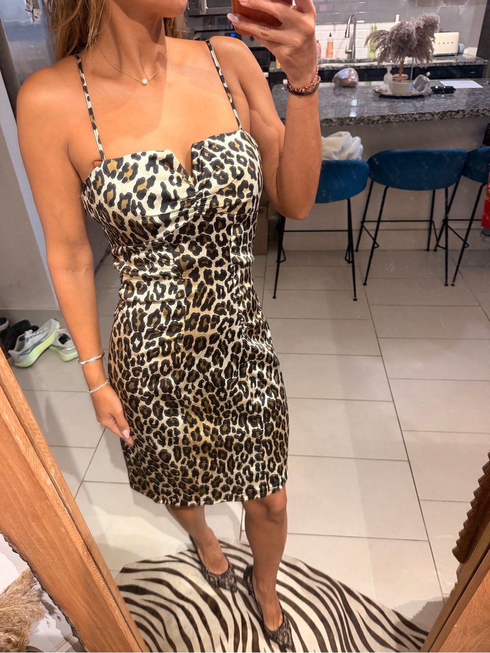 Cache Leopard Print Satin Slip Dress with Spaghetti Straps - Gold/Black small 6